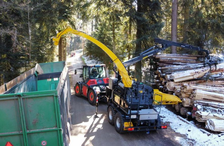 Syn Trac in Schweizer Wäldern beim Holzhacken