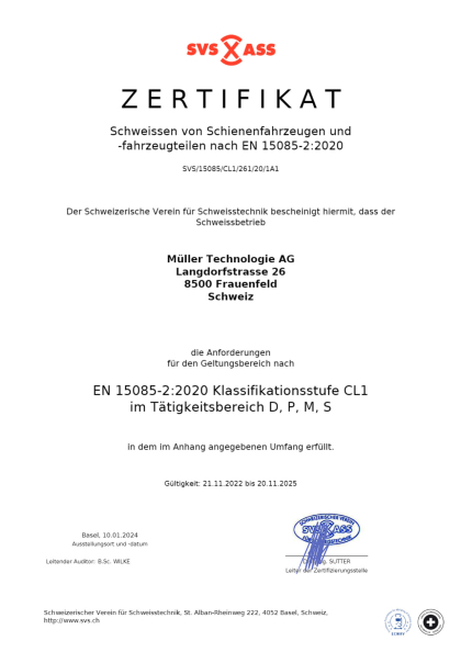 Zertifikat DIN EN 15085-2 Werk 1 - Langfeldstrasse 94, 8500 Frauenfeld
