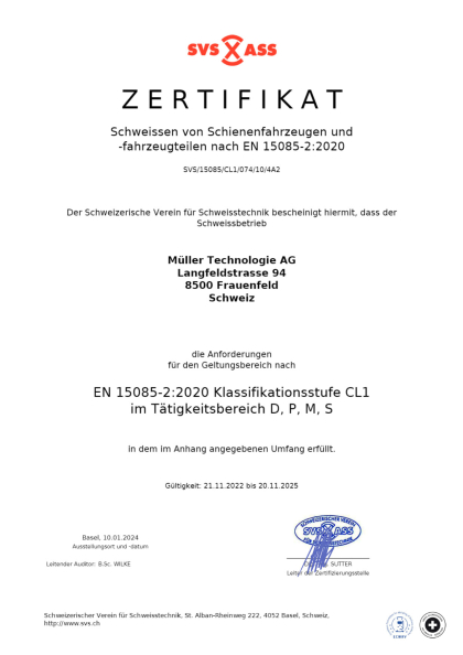 Zertifikat DIN EN 15085-2 Werk 4 - Langdorfstrasse 26, 8500 Frauenfeld