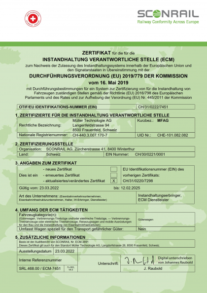 Zertifikat ECM Funktion 1-3 Müller Technologie AG DE